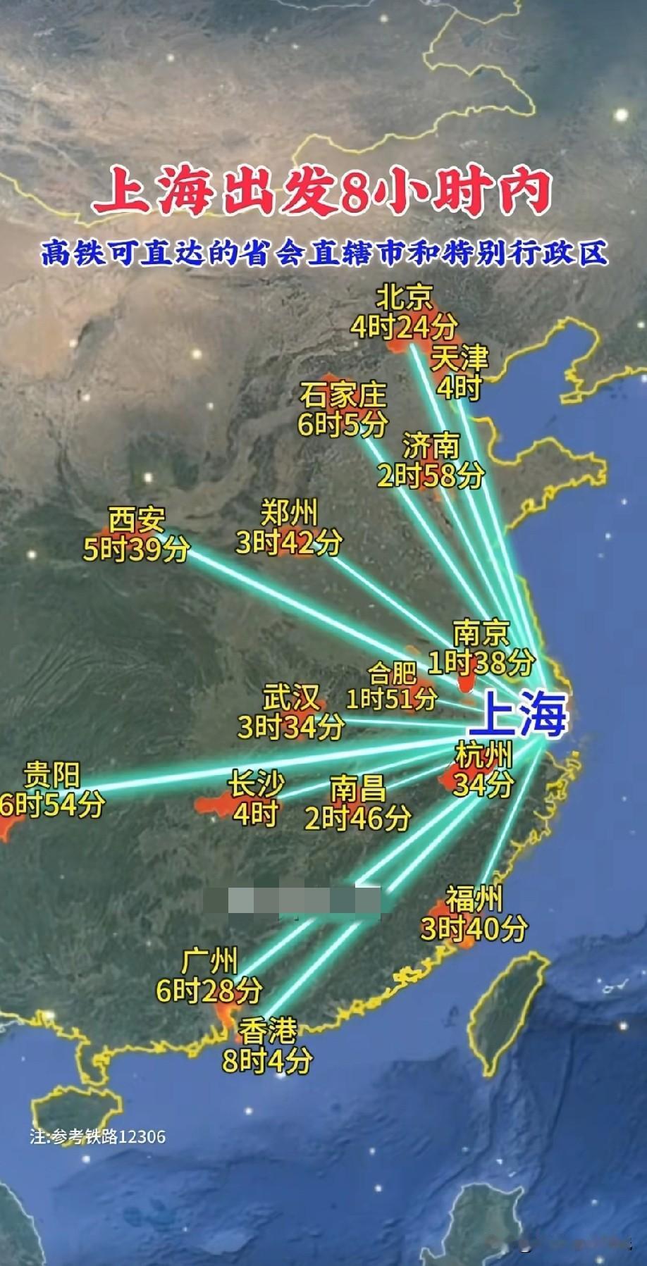 从上海市坐高铁8小时可直达的省会直辖市特别行政区名单，图片里属于从上海市坐高铁8