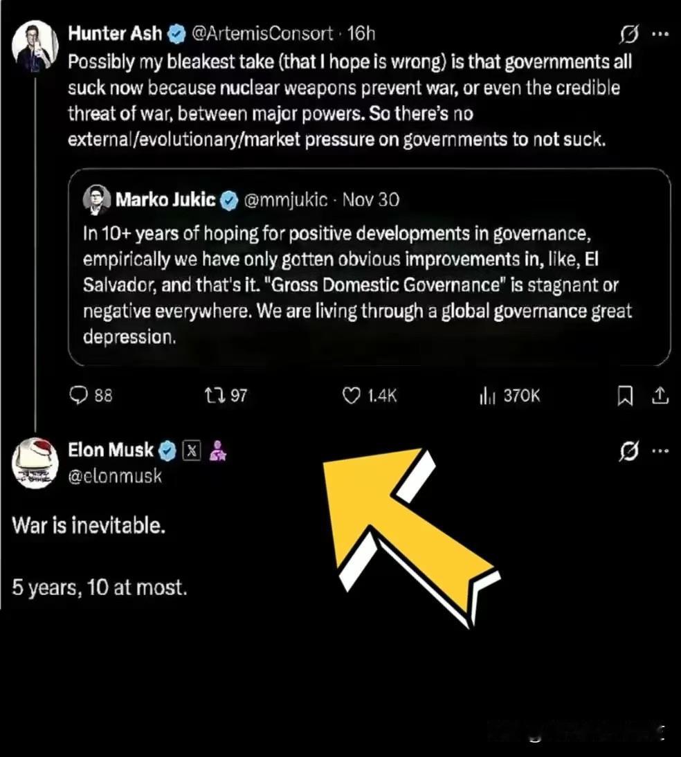 马斯克凌晨3点不睡觉。他预判：战争或许无法避免理由很硬，全球性的债务危机