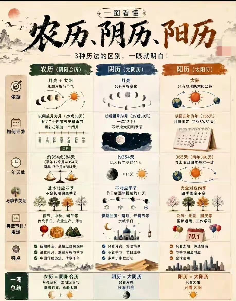 一张图分清：农历、阴历、阳历，很多人一辈子都搞错！很多人一直以为农历就是阴历，