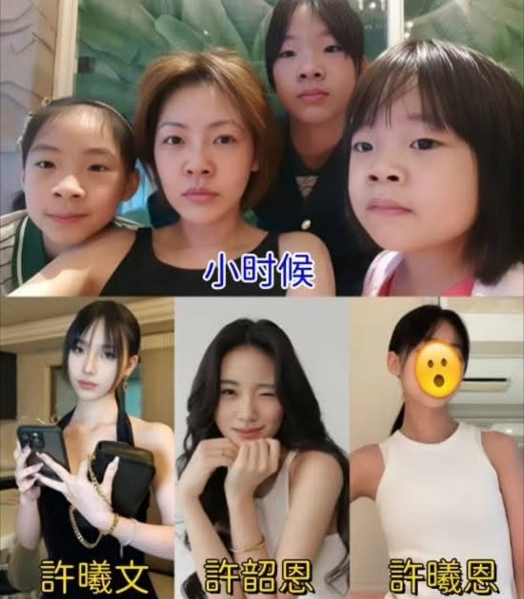 小S两女儿颜值没想到小s的三个女儿颜值都很高，尤其是老二还有林志玲的影子，小時候