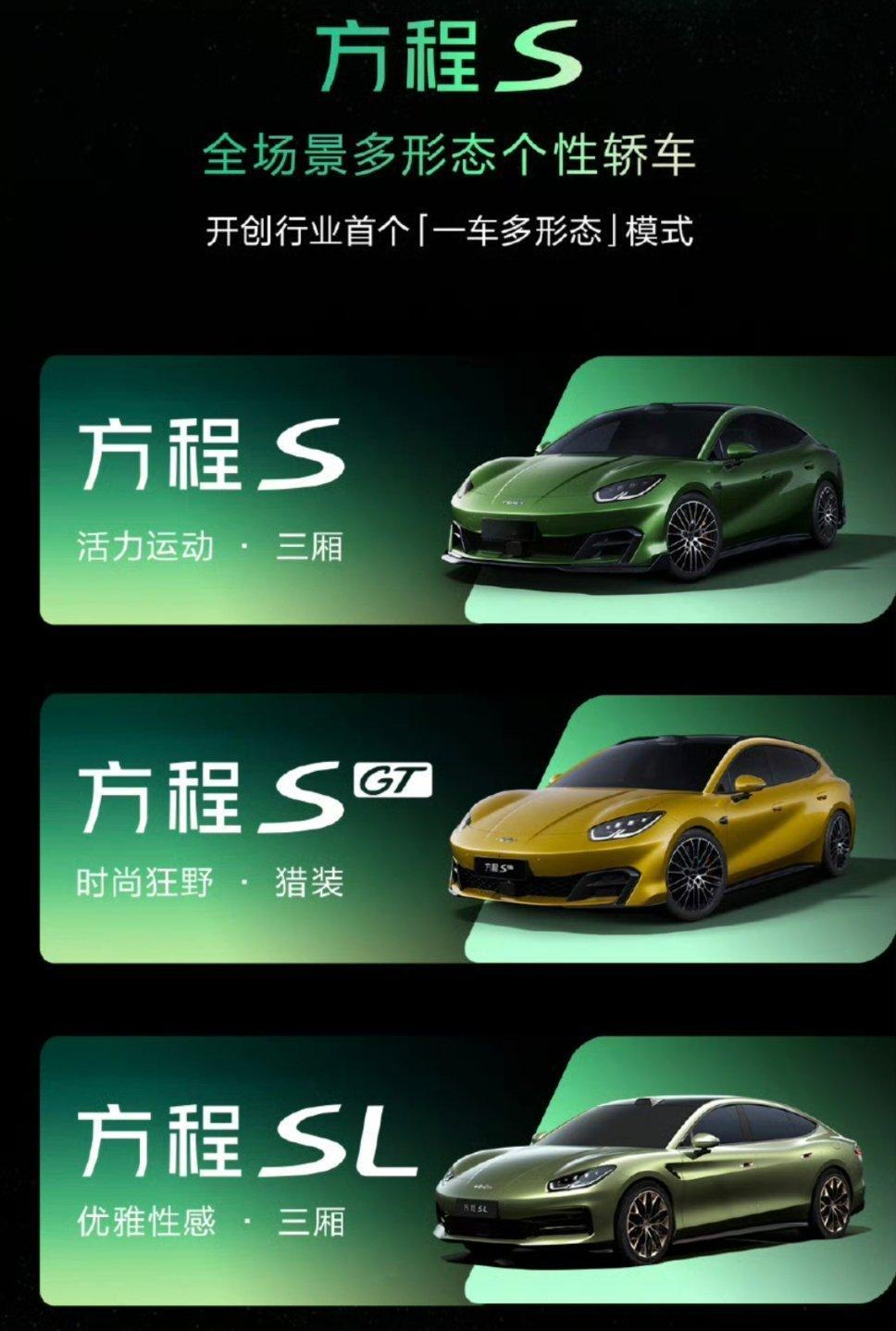 方程豹全新系列“方程S”主打一个一车多形态SL优雅三厢、SGT猎装、S运动三厢样