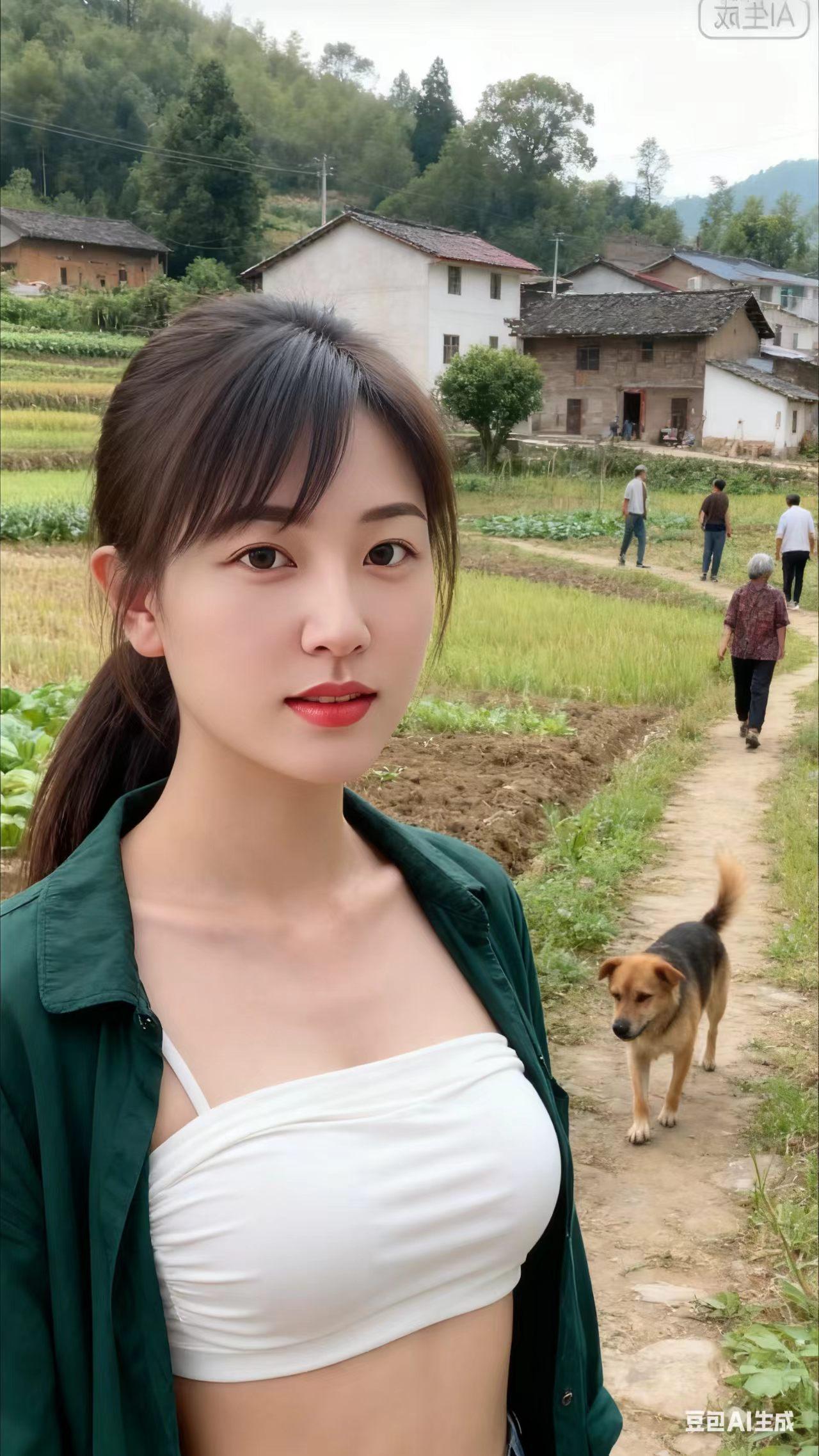 漫步乡野蜿蜒小径，忽逢心动佳人。漫野田园草木清新，温柔身影立于风光间，眉眼温婉气