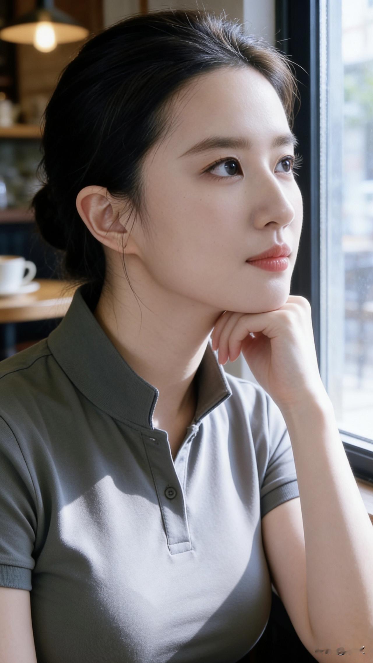 浅灰色的衣料被阳光晒得温热，她支着下巴望向窗外，眼神里藏着一丝放空的温柔。街角的