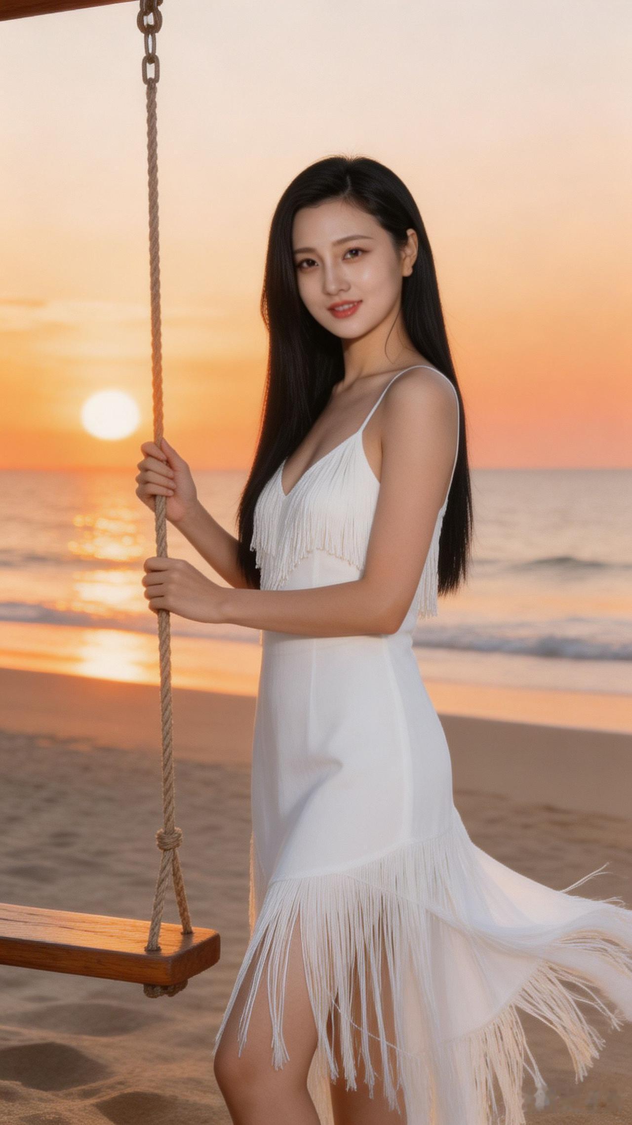 一个女孩在海边荡秋千，夕阳很美。