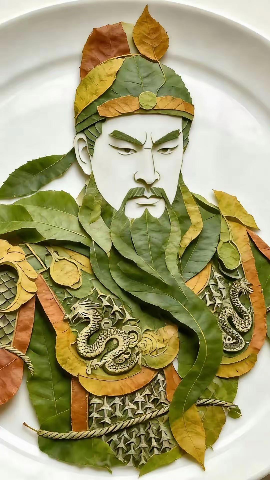 高手在民间，用树叶拼画关公，看到最后一张，恕我忍不住笑了[呲牙笑][呲牙笑][呲牙笑]