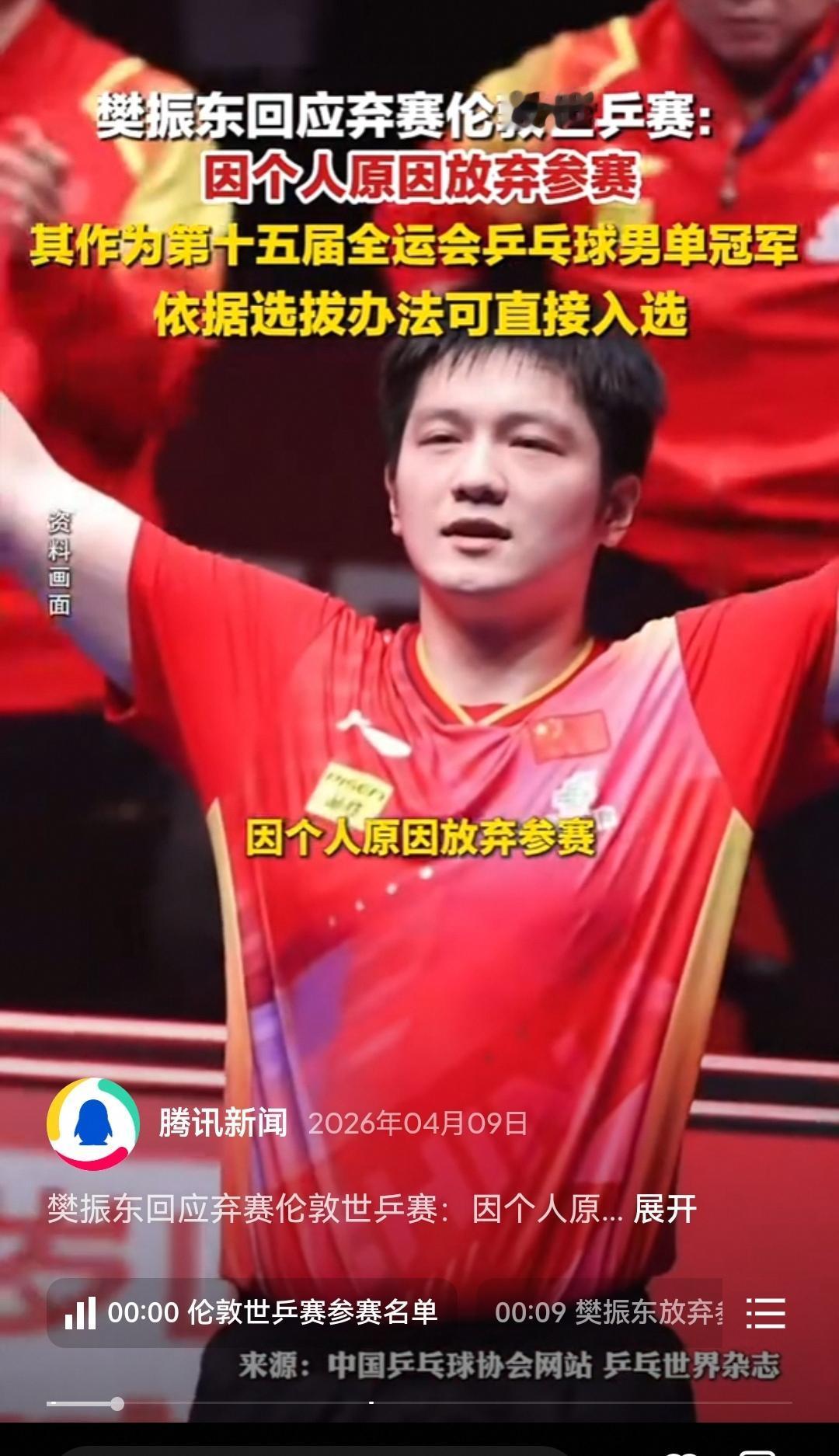 樊振东放弃2026年伦敦世乒赛资格的原因如下：1.官方原因：樊振东出于个人