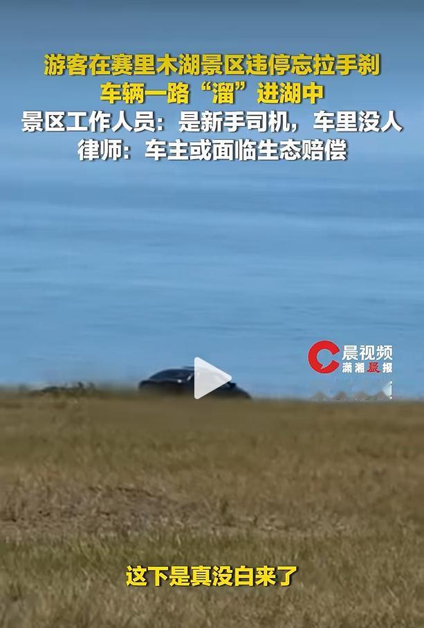 7月13日新疆博州赛里木湖景区，一辆私家车违规停在湖边斜坡，没拉手刹直接溜