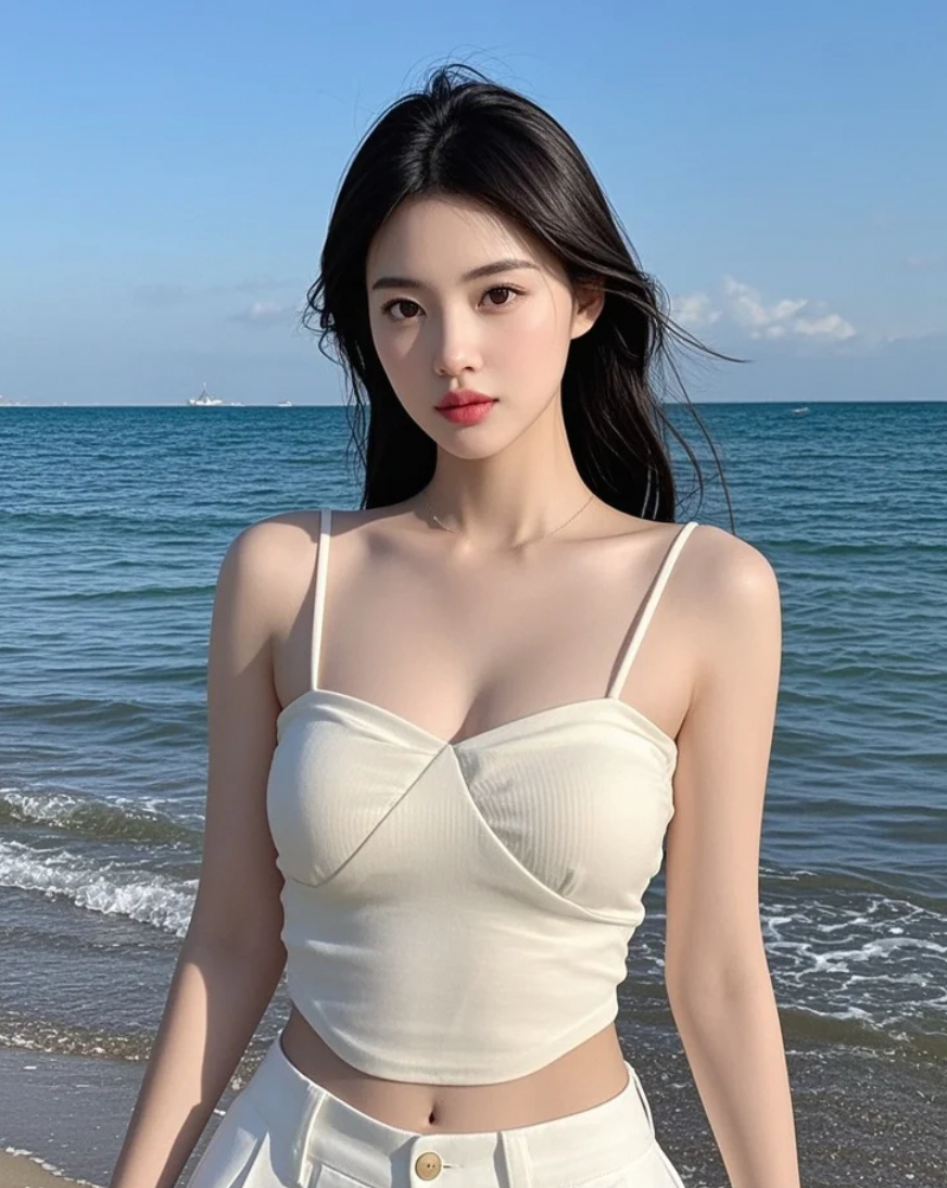 她坐在海边上，美得像一幅画
