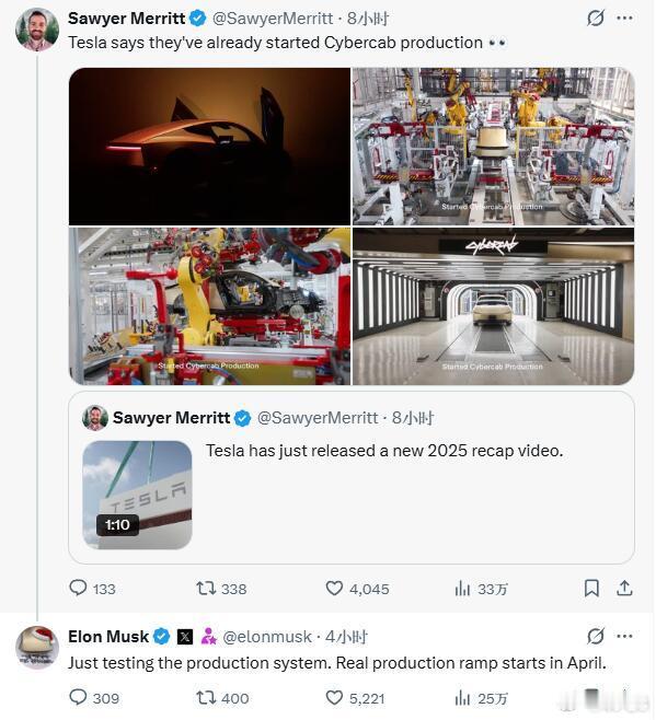 马斯克在X上承认已经开始对Cybercab无人驾驶出租车的生产系统测试，正式的量