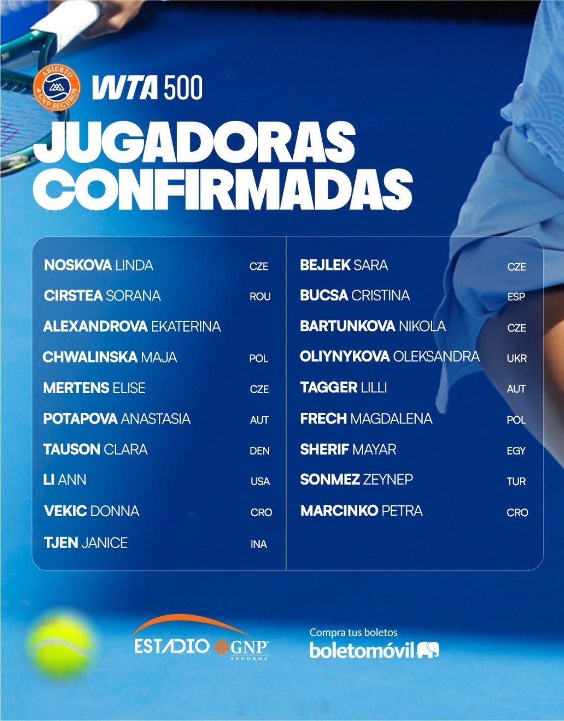 蒙特雷WTA500正赛名单（8.24美网前一周）温网冠军诺斯科娃🇨🇿领衔，