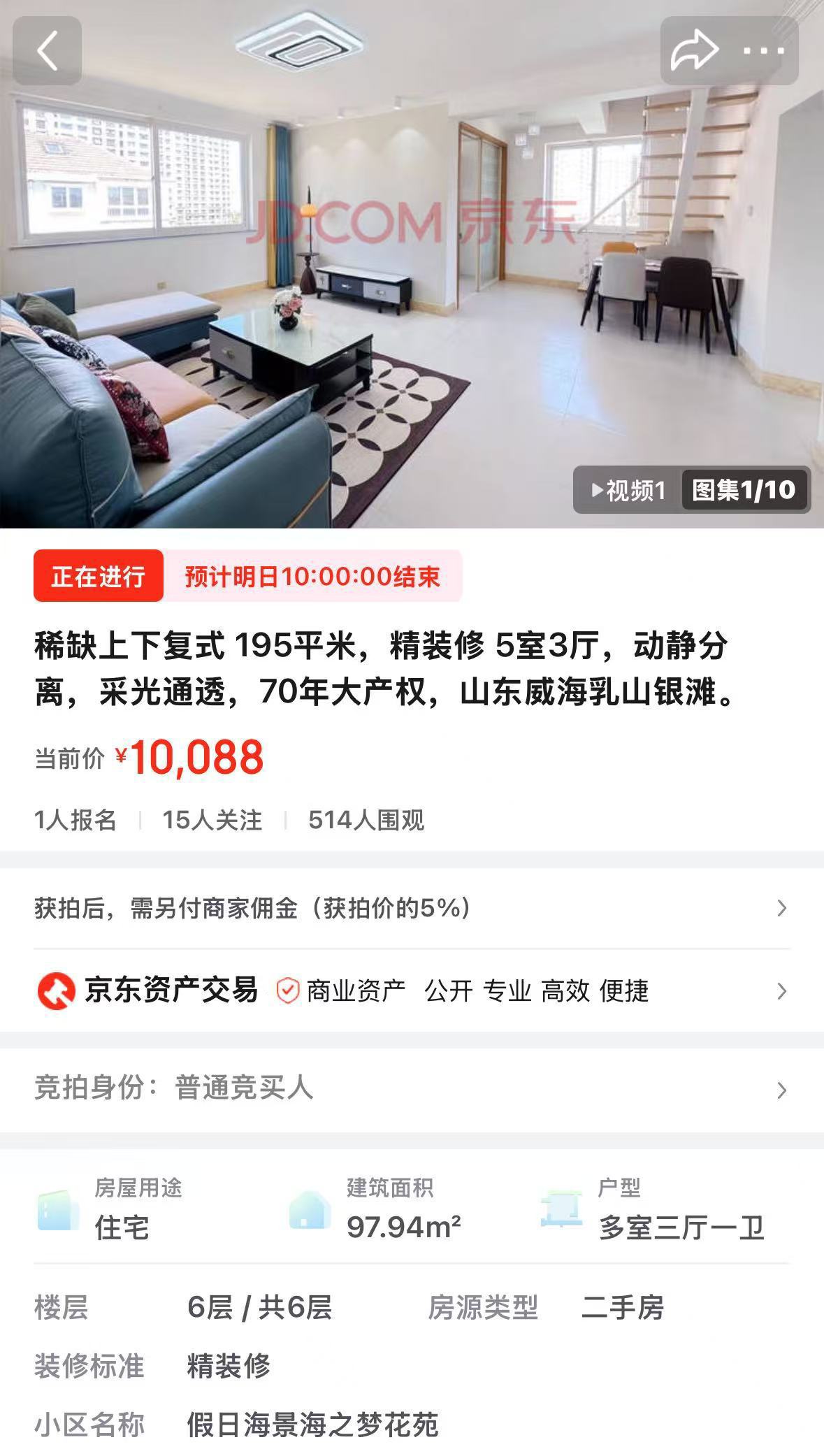 山东一地“195平米复式房”1万元起拍