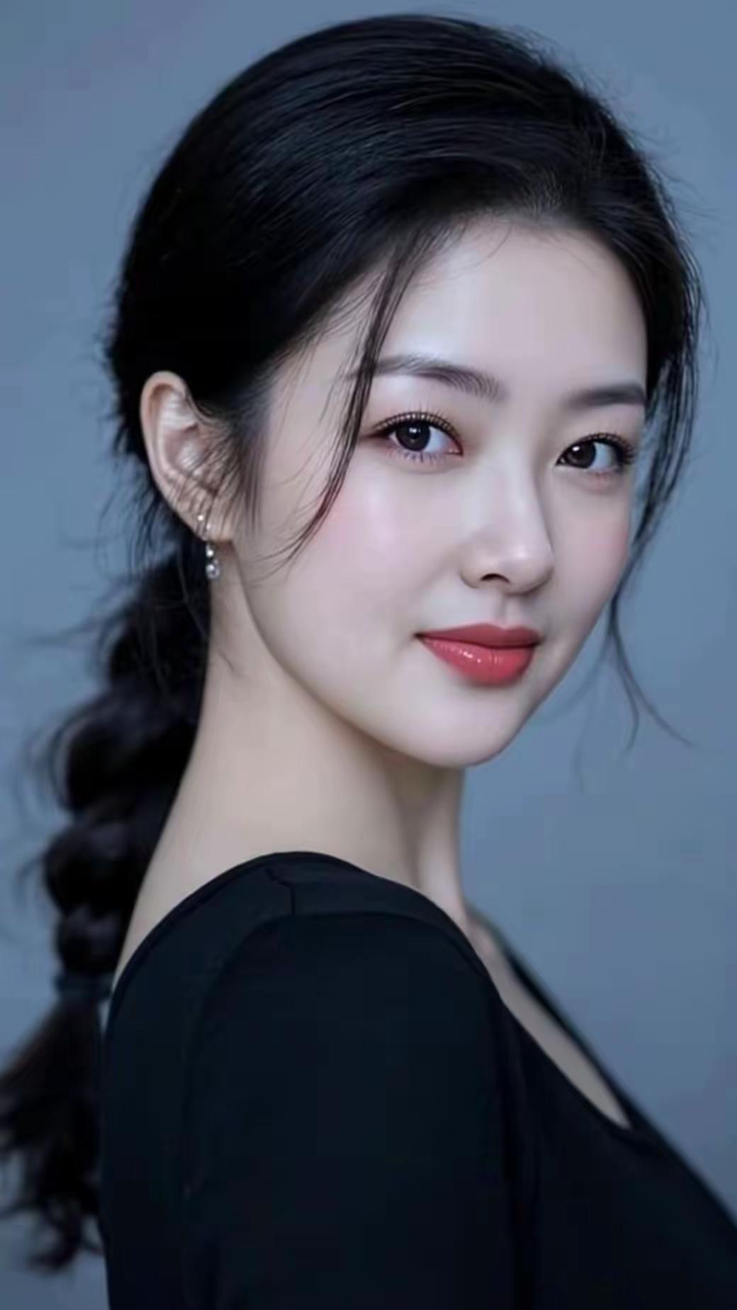 温柔甜美的侧颜，黑发红唇，优雅动人。