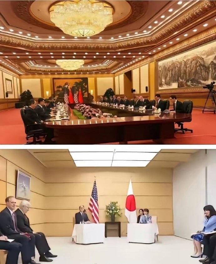 对比人民大会堂的会议厅和日本接待美国财长的会议室，基本上是大气磅礴和小家子气的区