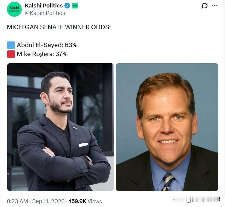 密歇根州参议员席位获胜概率：AbdulEl-Sayed：63%MikeR