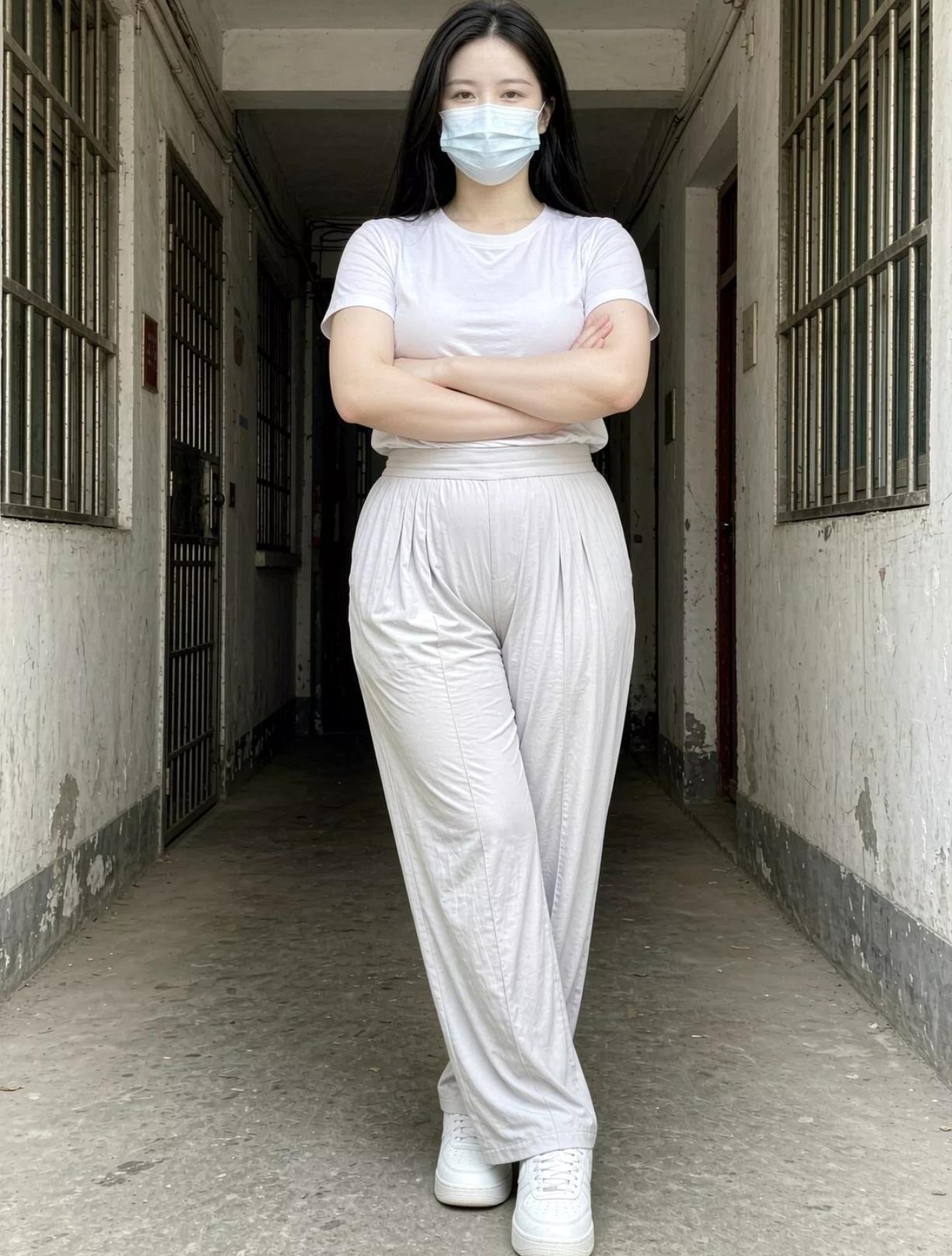 漂亮姐姐穿白色衣服显得更白了。