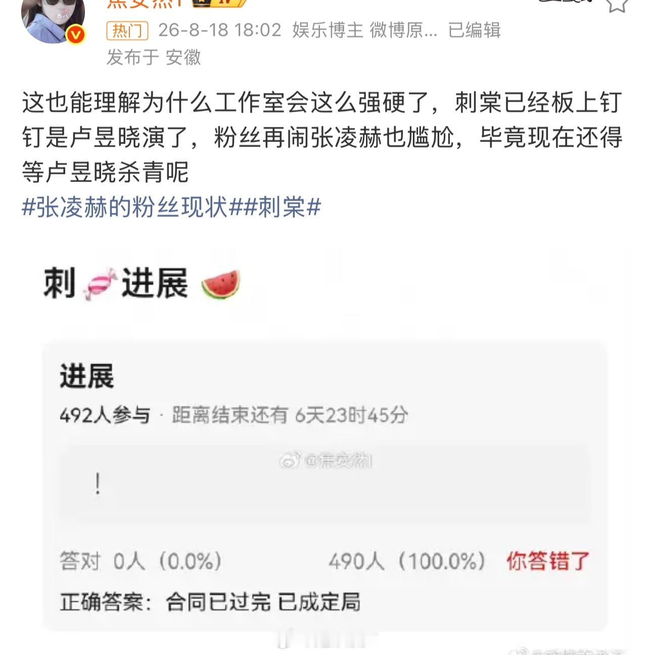 震惊了，看见有网友说得等卢昱晓杀青，我就说刺棠没有卢昱晓不行吧，我突然明白了张凌