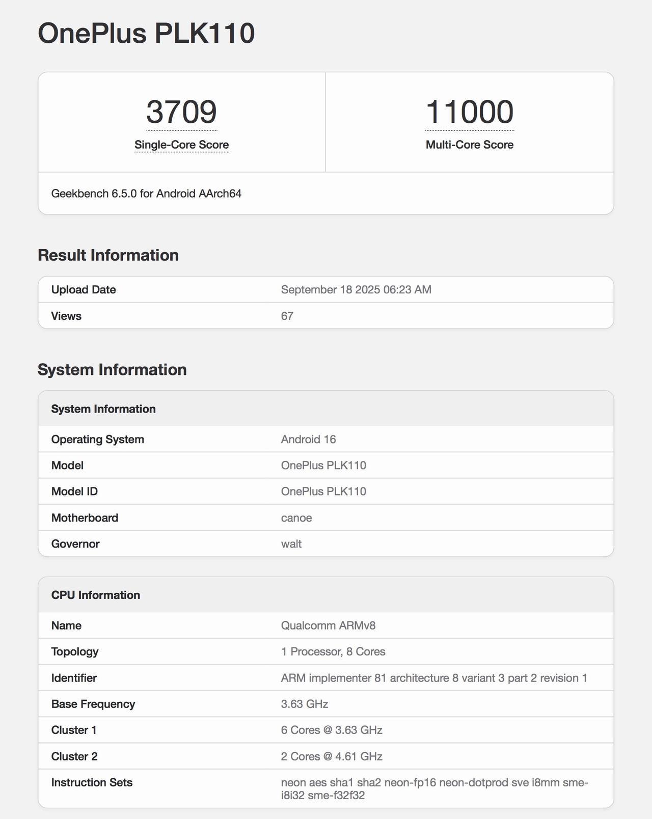 一加15的消息也来了，一加15跑分在Geekbench官网公布，型号