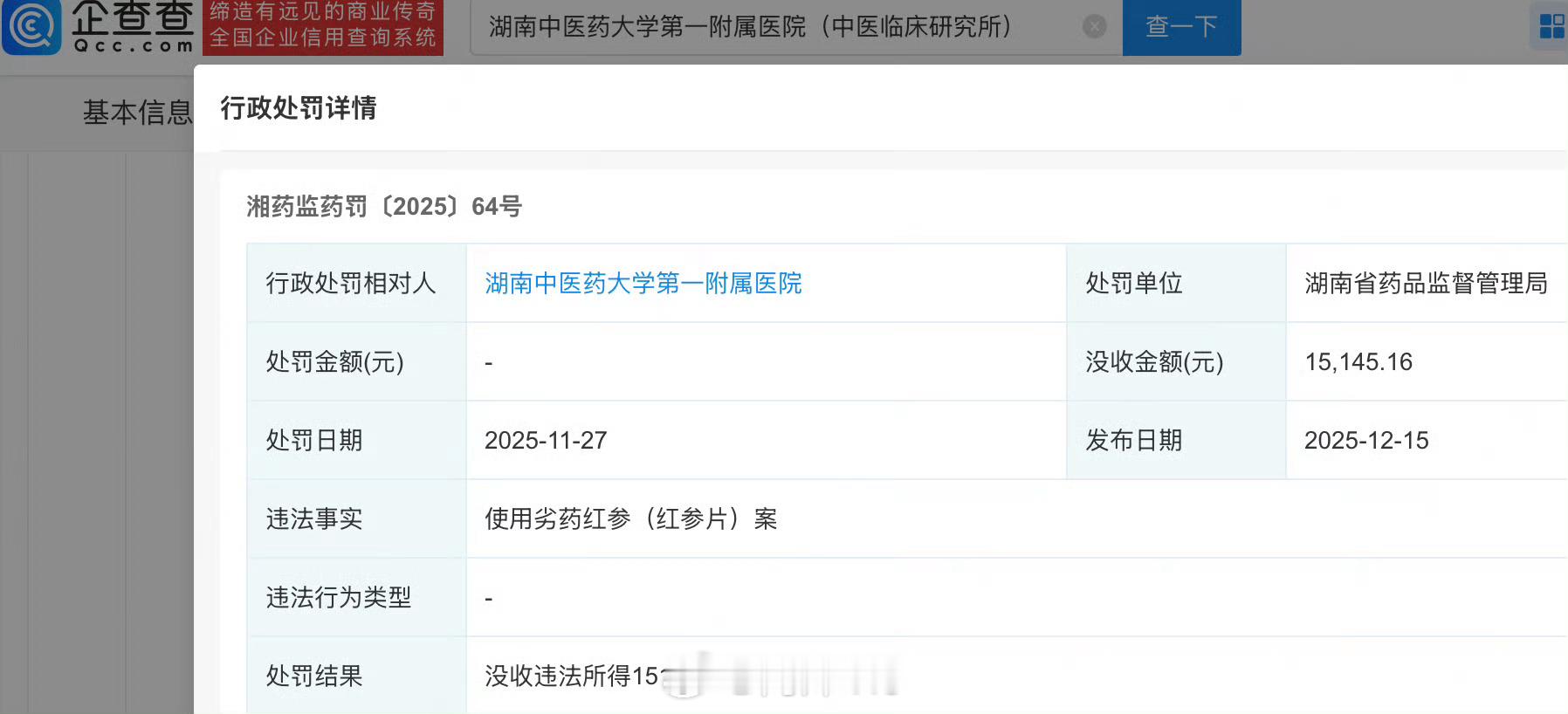 【吃空饷涉事医院曾因用劣质药被罚】据九派新闻报道，4月28日，湖南中医药大学第一