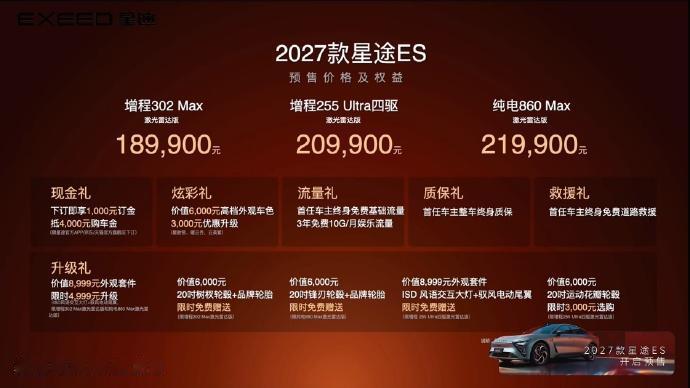全系激光雷达，有增程有纯电。2027款星途ES预售价格增程302Max激光