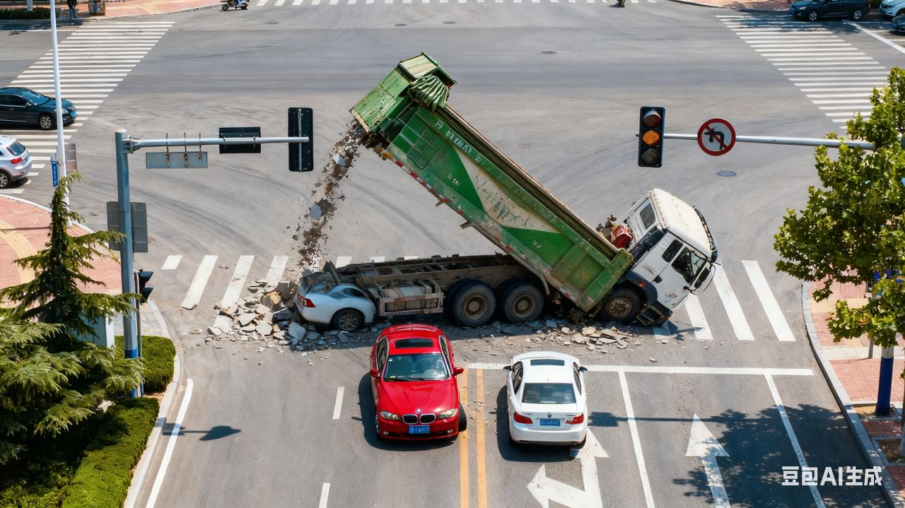 2025年11月7日下午，山东烟台一辆渣土车在转弯时侧翻，砸向对向车道的两辆小车