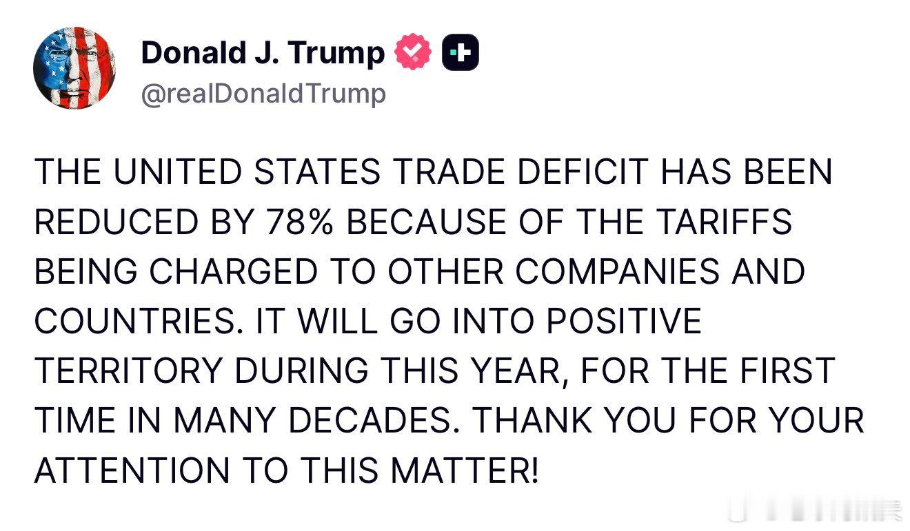 ‼️特朗普：“美国的贸易逆差已经因为对其他公司和国家收取的关税而减少了78%。它