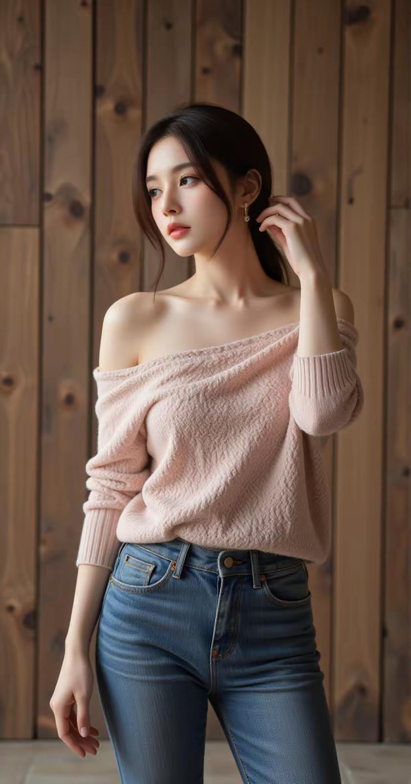 温柔粉毛衣搭配牛仔裤，轻松打造甜美少女风