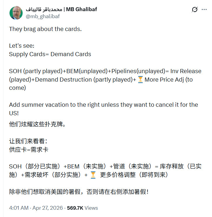 伊朗议长穆罕默德·巴盖尔·卡利巴夫发推，列出了伊朗和美国目前手上能打的牌：——伊