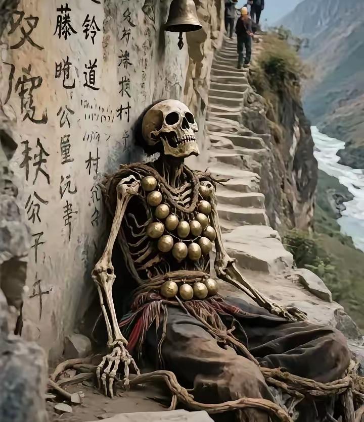 云南怒江惊现“藤铃道”！扶贫队开山修路，于绝壁裂隙中发现一具盘坐百年的枯骨，身缠