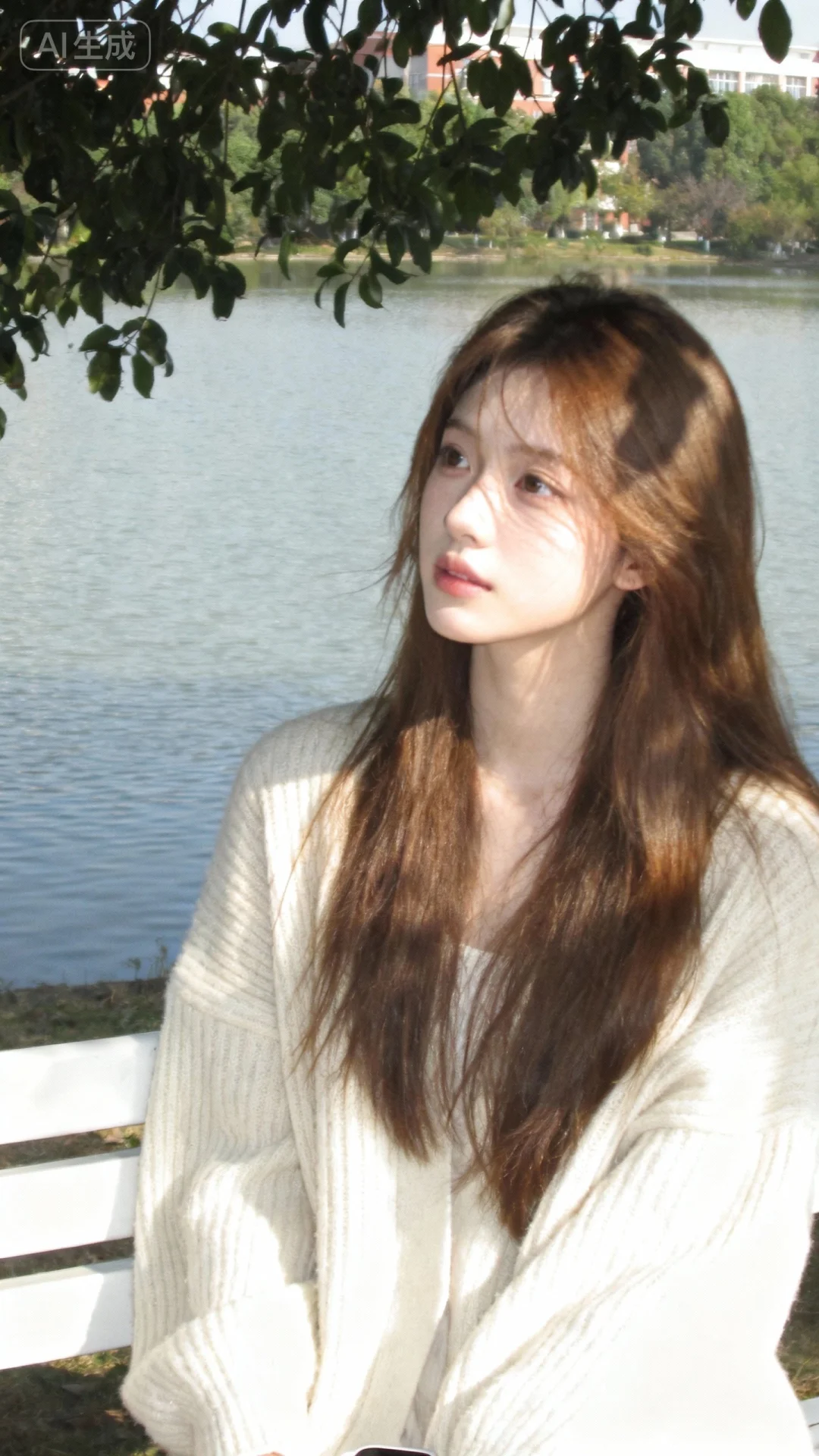 图片风格为柔雾朦胧感，环境为晴天午后，柔和日光轻覆。校园湖边的白色长椅旁，一位