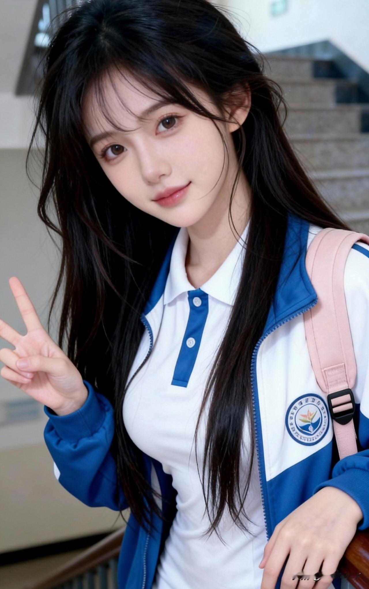 这女生穿着校服，背着书包，比了个V字手势。