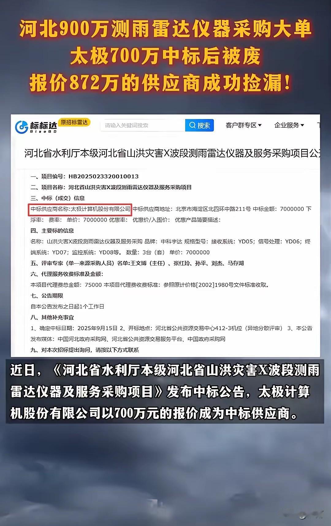 这漏捡的，做梦都能笑醒。河北省水利厅900万采购测雨雷达大单先是被北京一家企业以