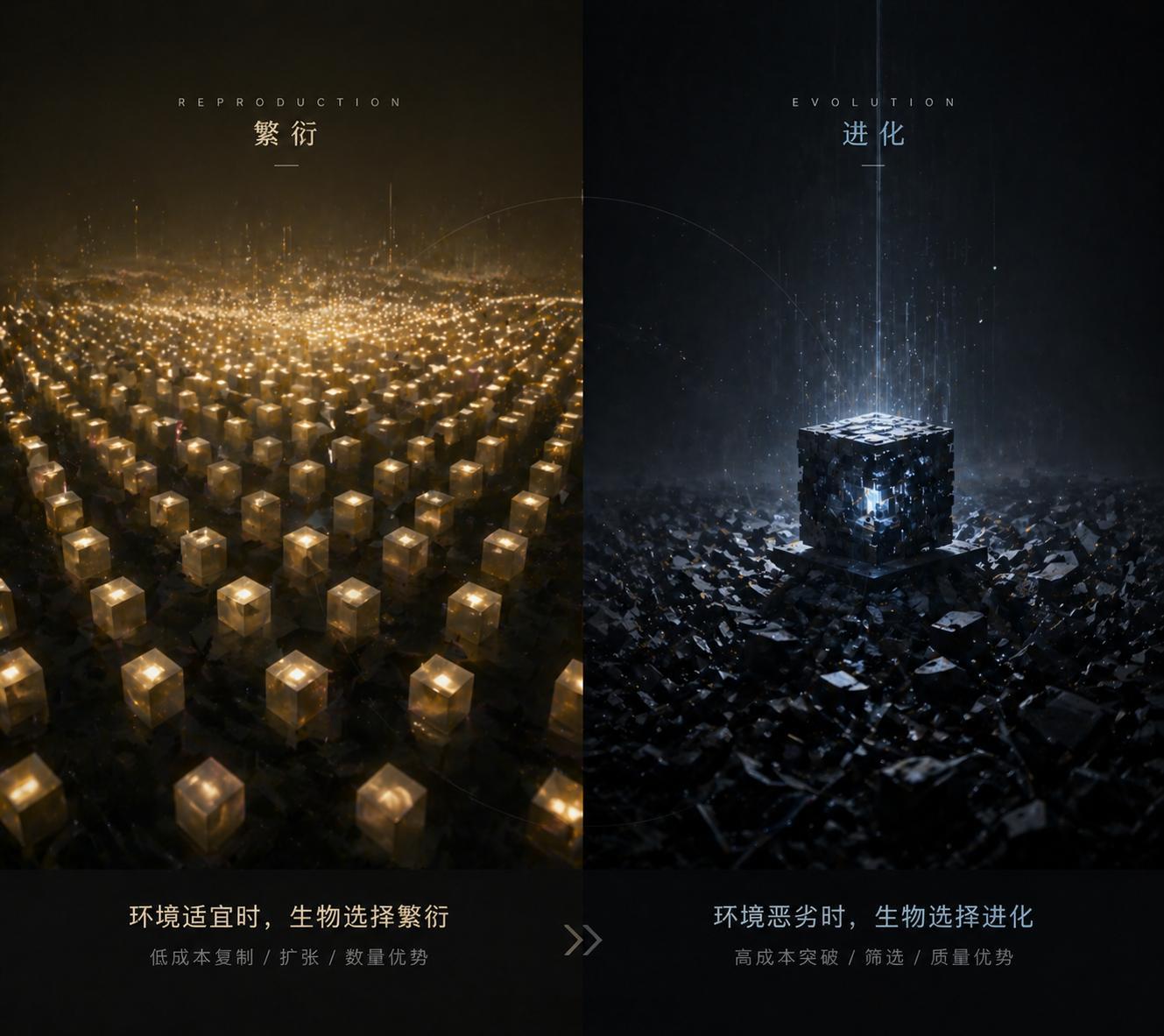 环境适宜时，生物选择繁衍；环境恶劣时，生物选择进化。