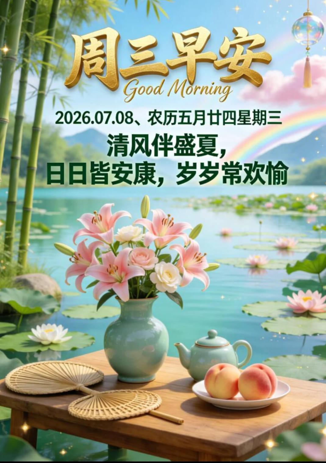早安！周三的晨光如约而至，不必急着追赶时间的脚步，也不必为过去的遗憾频频回头，愿