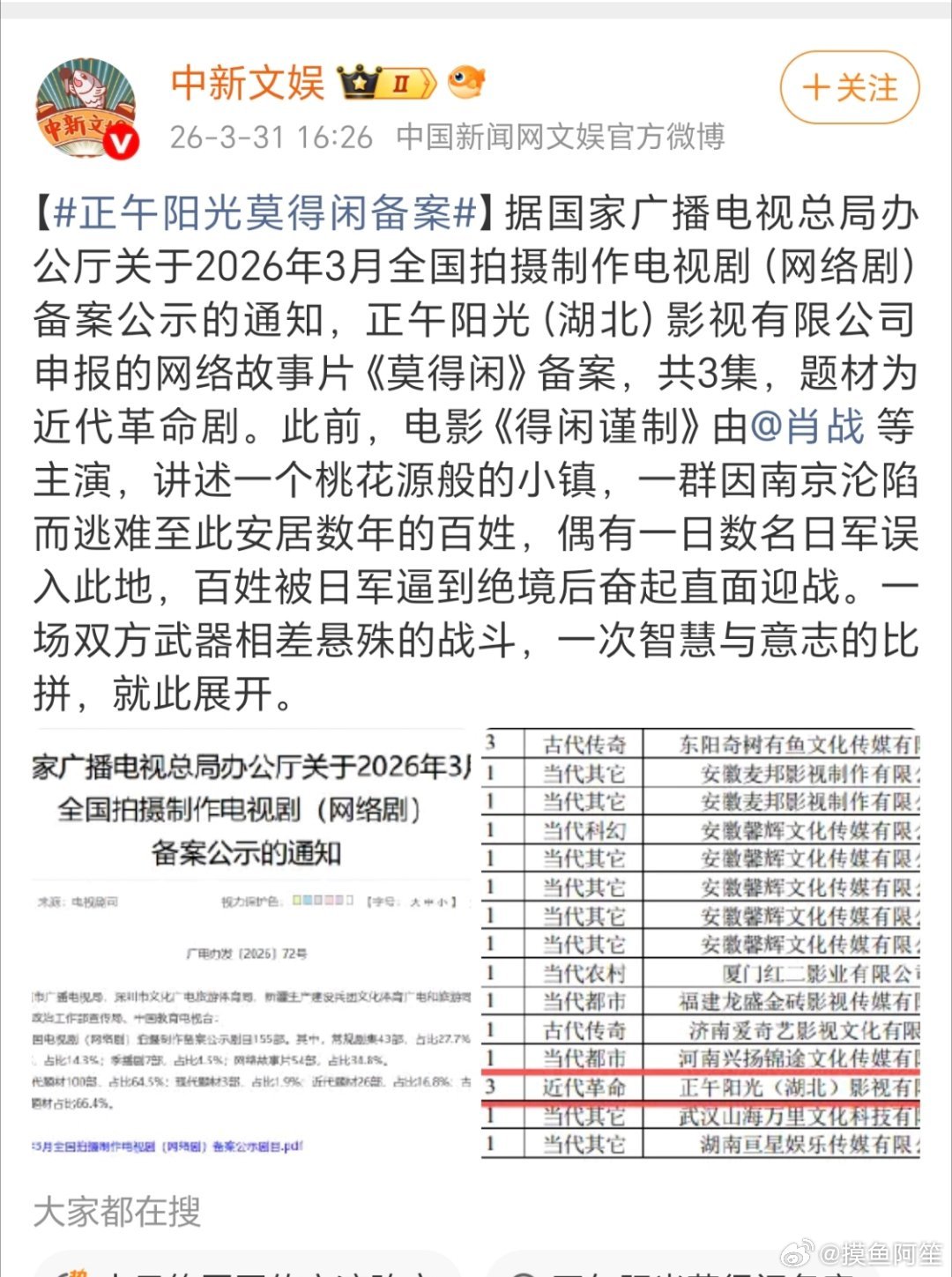 正午阳光申报了网络故事片《莫得闲》备案，题材是3集的近代革命剧，是不是电影《得闲
