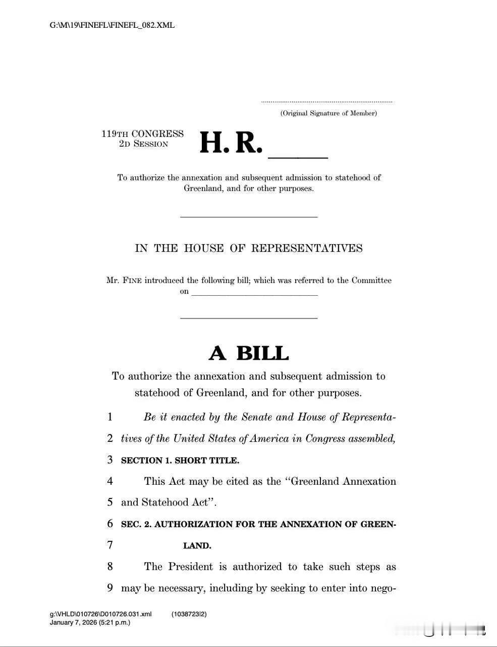 开始了，美国国会商讨吞并格陵兰提案昨天美国共和党议员兰迪·费恩正式向美国国会提