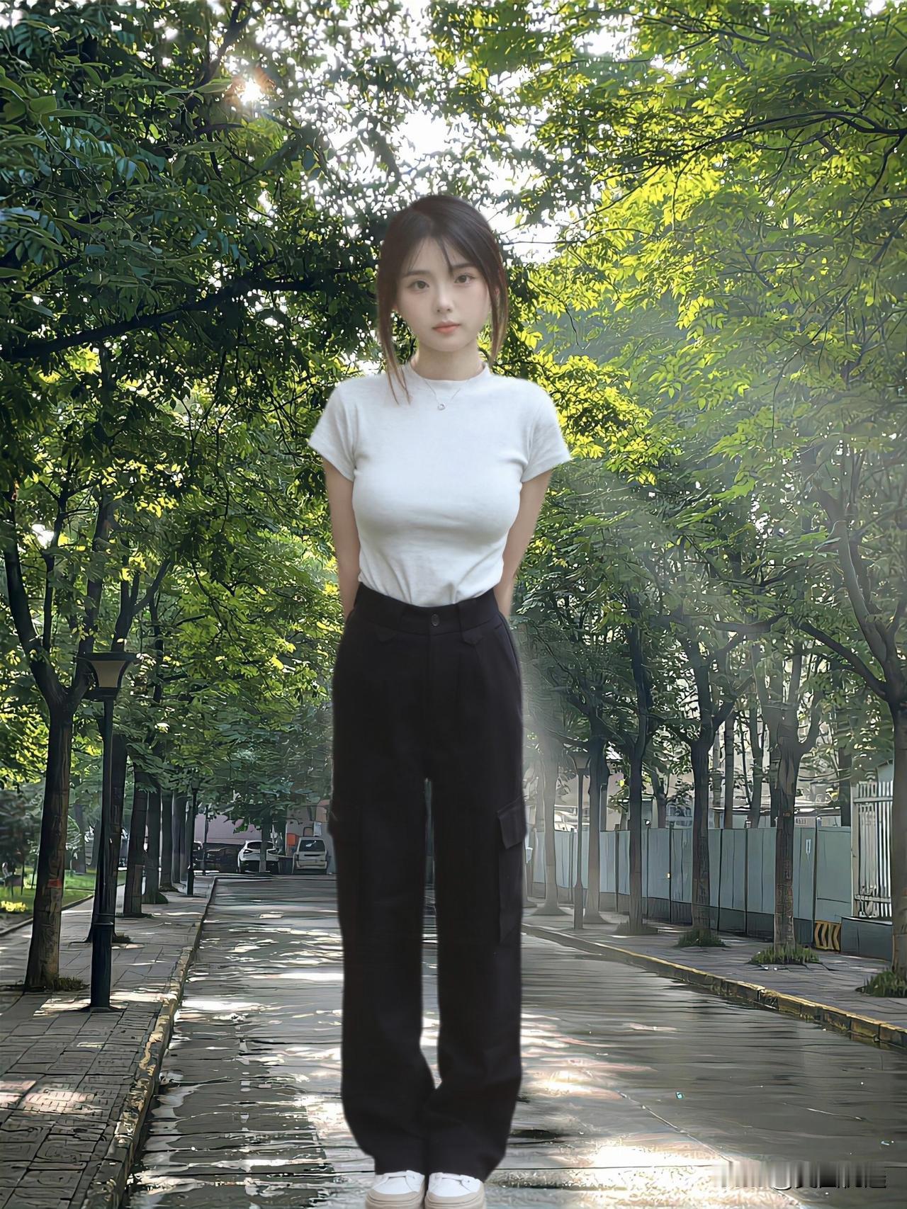 清新校园风，白T恤+黑裤子，阳光下的青春少女