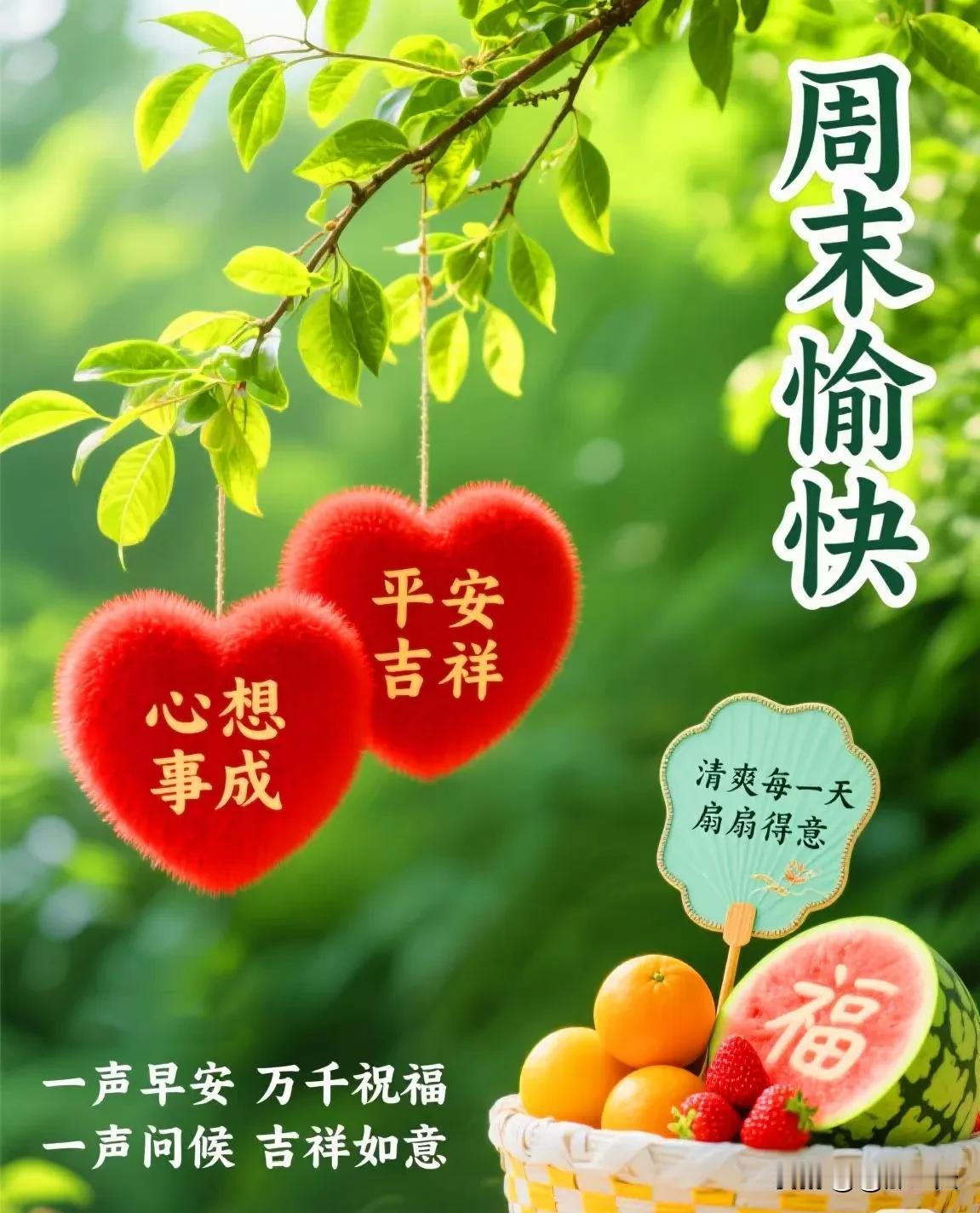 愉快的周末[比心]微笑迎吉祥送一份祝福[比心]愿夏日安康送一份清凉[比心]愿夏日无