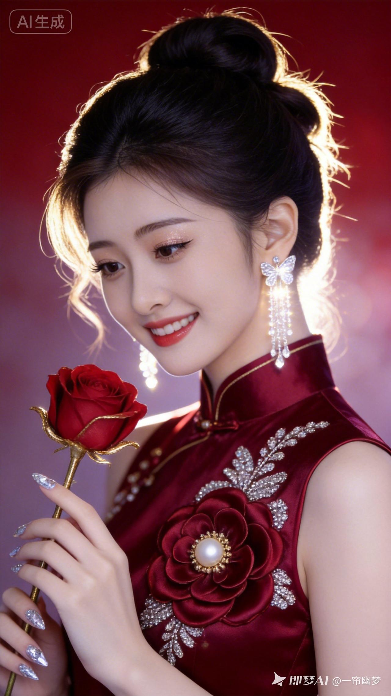 绝世美女身姿曼妙。高定酒红旗袍配手工钉珠山茶花，南洋珍珠点缀，钻石耳坠与碎钻美甲