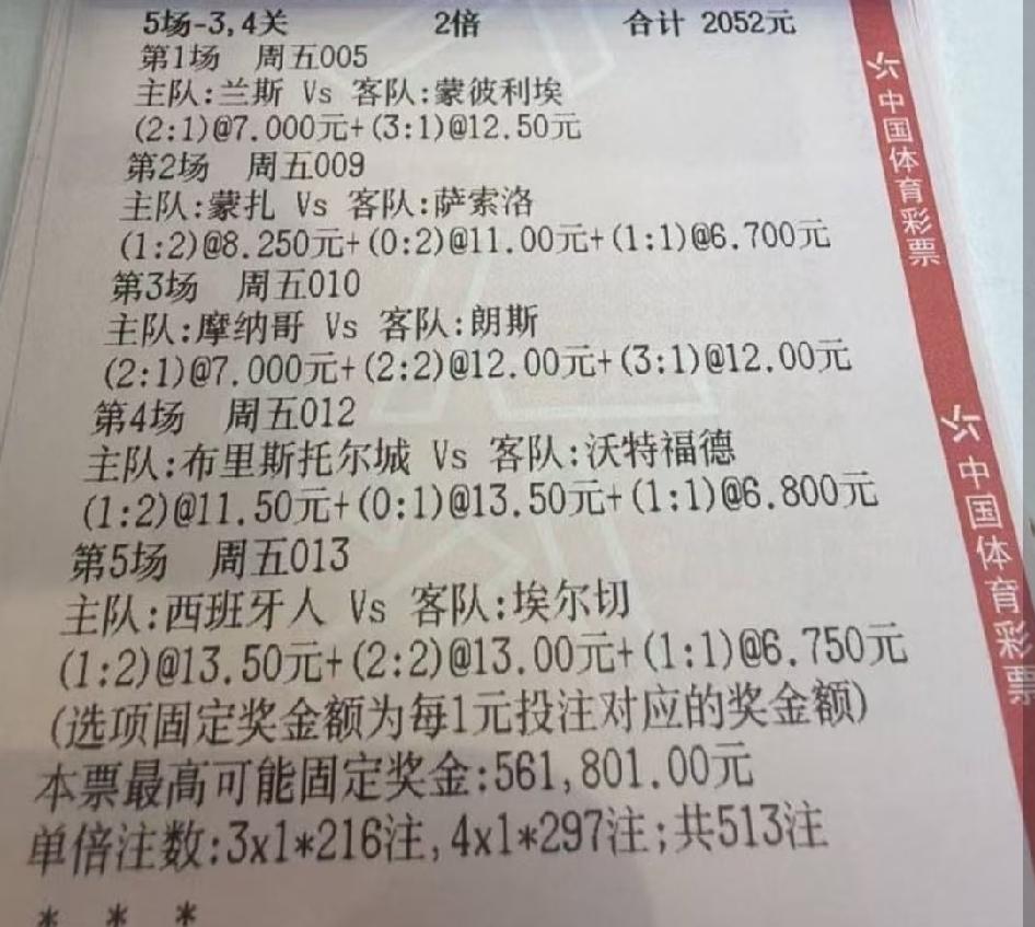 2052元的彩票，5场比赛就对了1场，这位朋友看来水平不行啊，或者运气太差。不