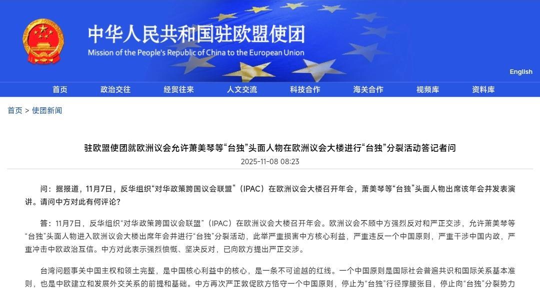 驻欧盟使团就欧洲议会允许萧美琴等“台独”头面人物在欧洲议会大楼进行“台独”分裂活