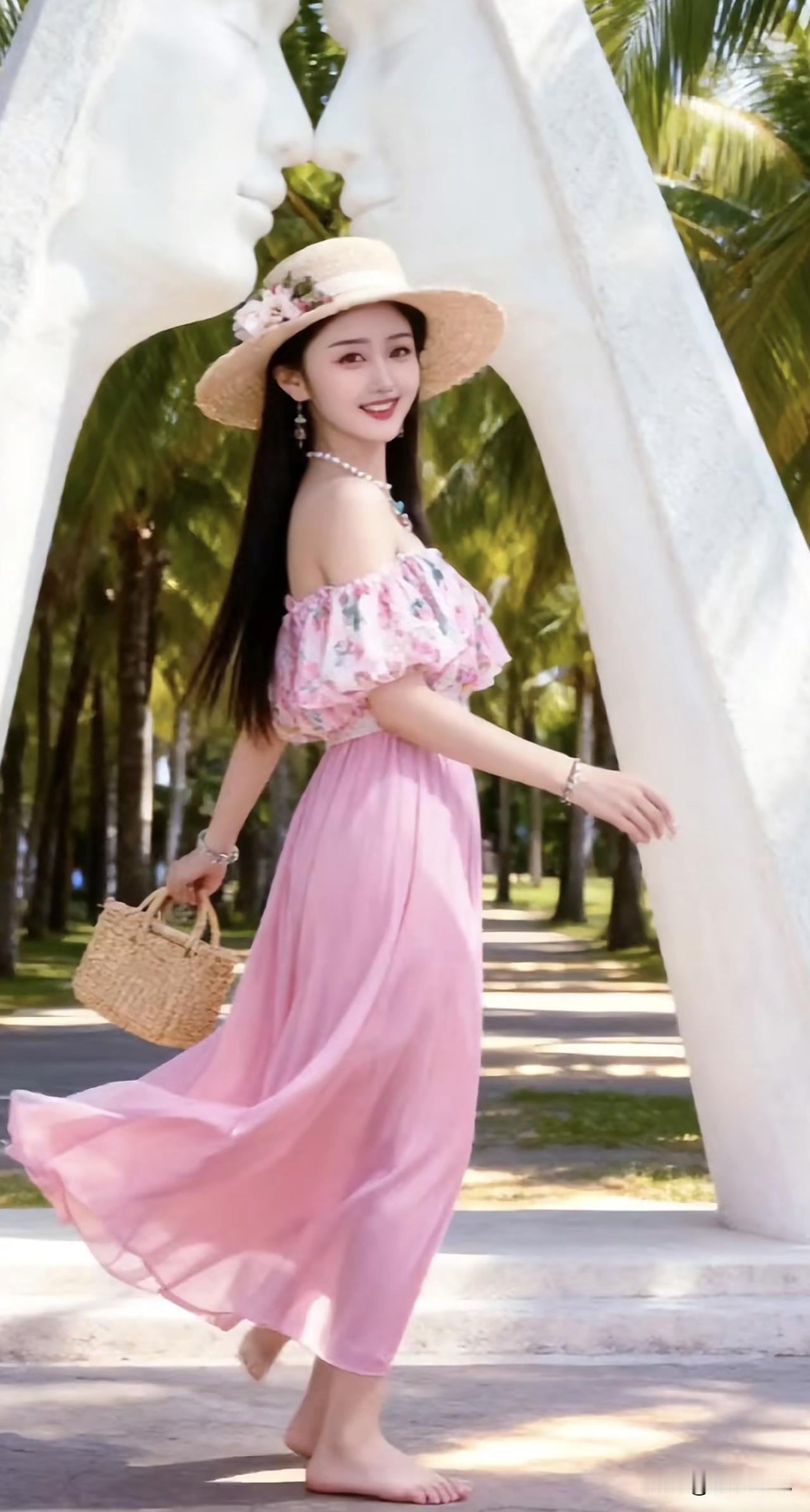 夏日海边漫步，粉裙飘飘，阳光明媚，心情愉悦！🌞👗👒👒海边漫步照海边粉衣