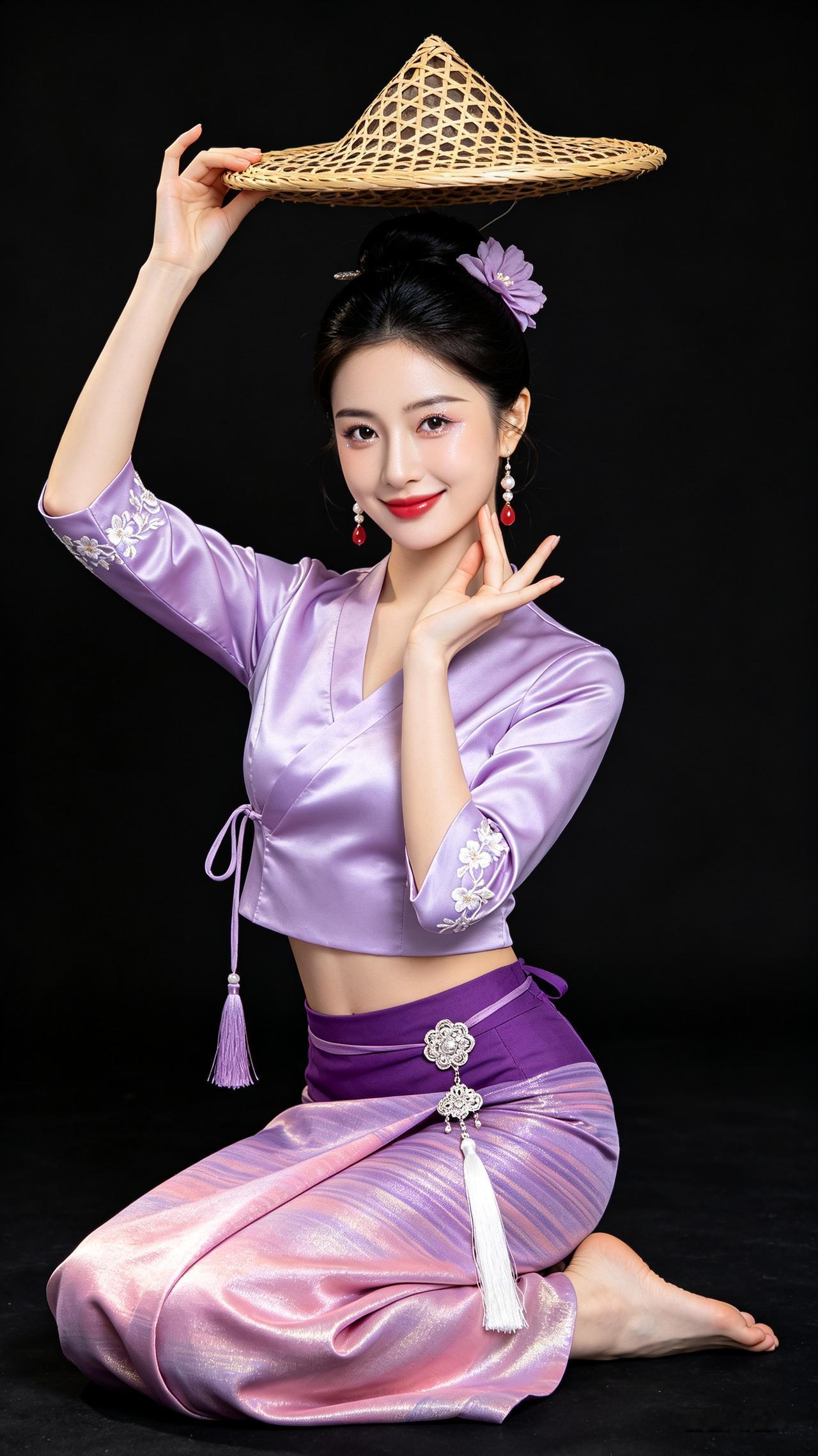 温婉少女盘发配紫花发饰，淡紫刺绣傣族舞裙，跪坐托斗笠起舞，冷白皮细腻，绸缎与竹编