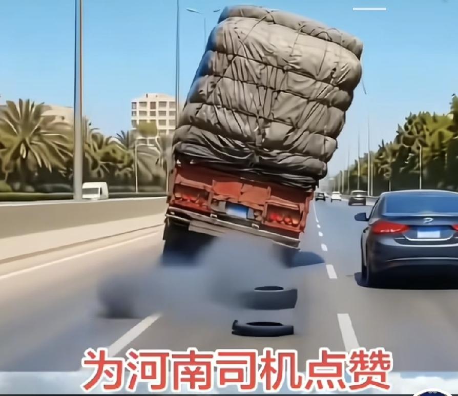 家人们，我刚在网上刷到个超感人的视频！一辆大货车在高速上正跑着呢，突然爆胎了。这