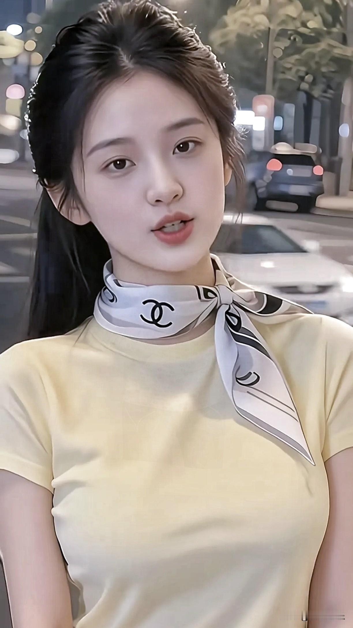夜晚街头的温柔少女，黄色T恤搭配黑白围巾，时尚又迷人。分享一张你最近随拍的照片