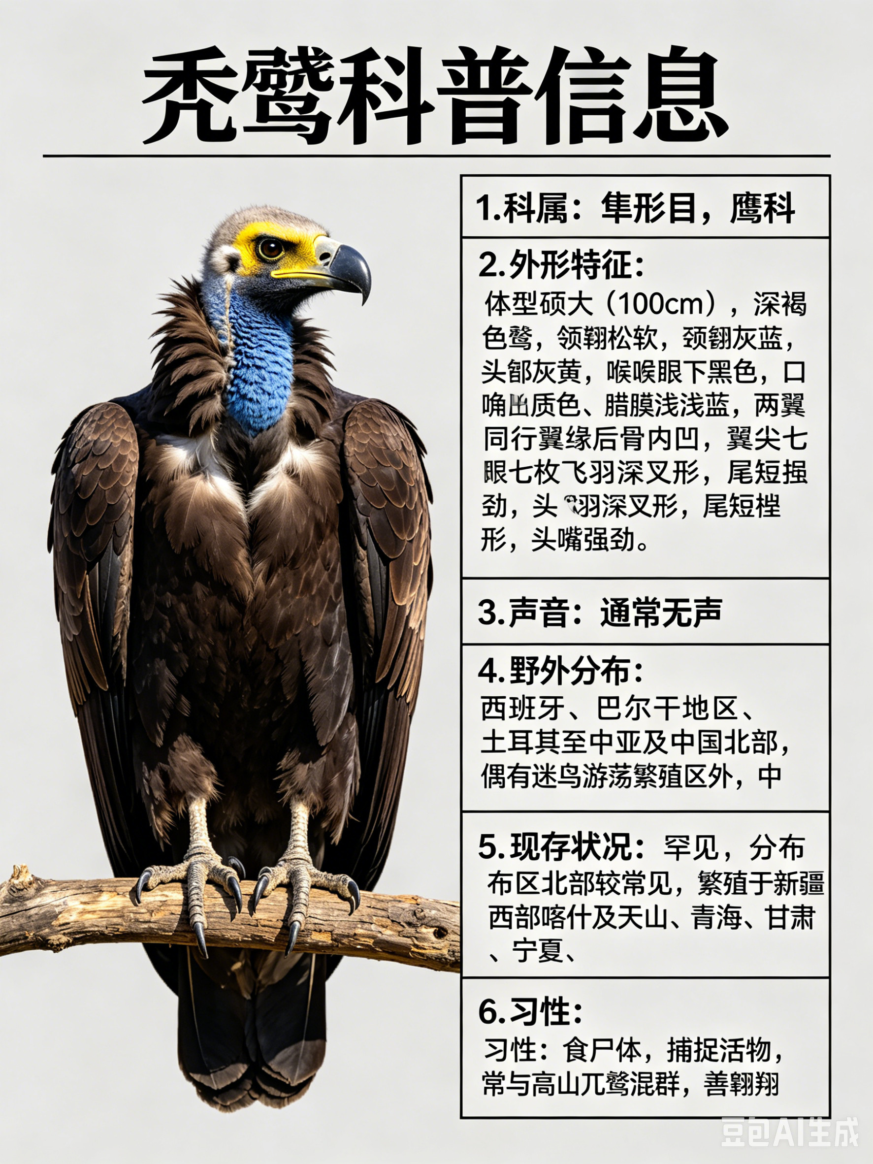 鸟类朋友图鉴秃鹫·科属：隼形目，鹰科。·外形特征：体型硕大（100cm）的深褐