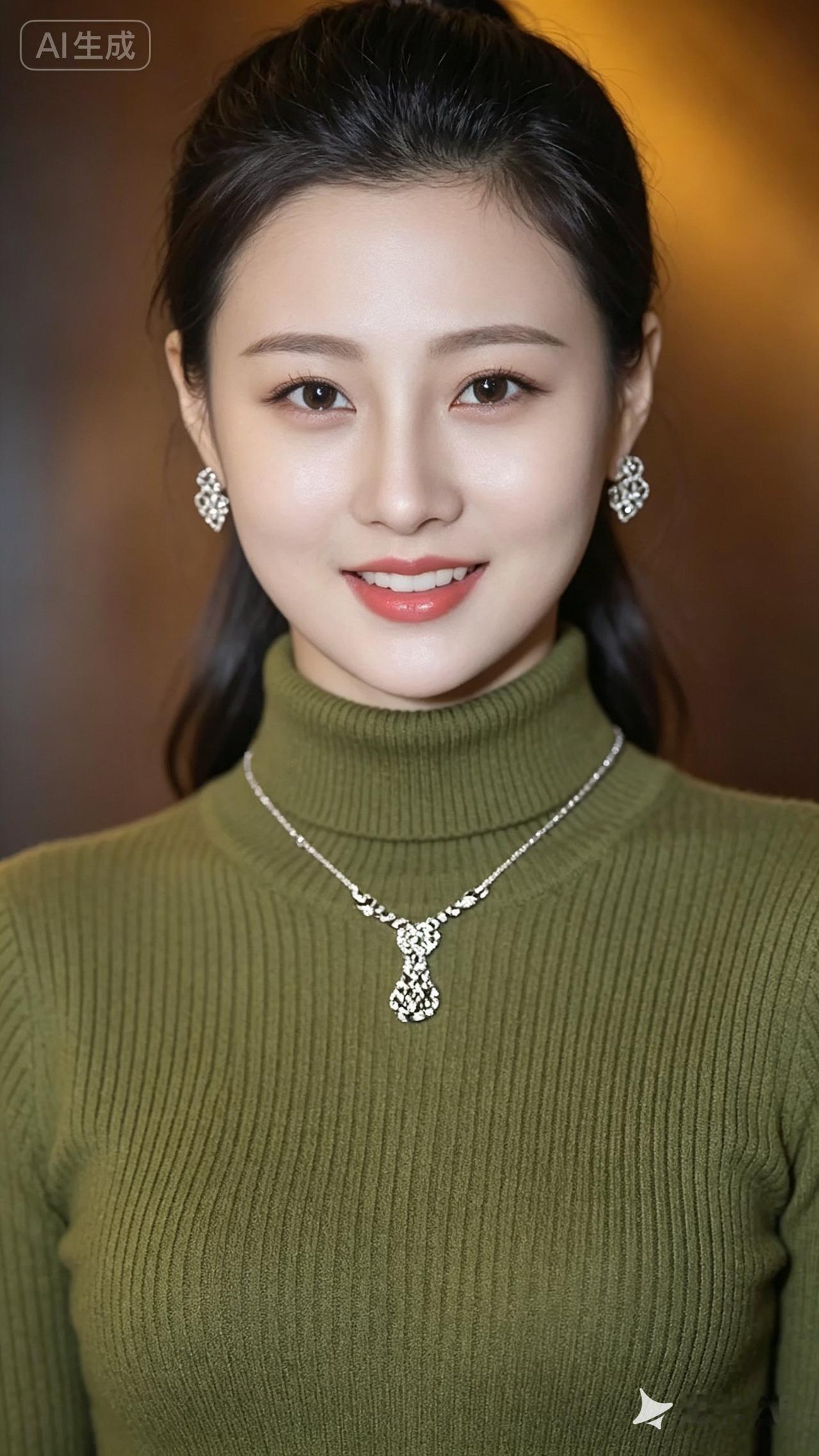 优雅绿衣搭配闪亮项链，尽显迷人魅力！💎✨