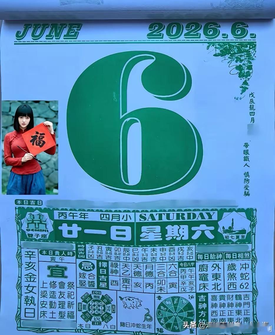 普通人该注意啥？明天6月6日，星期六，农历四月二十一。按照老黄历来看，明天是丙午