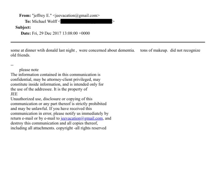 爱泼斯坦在2017年12月给迈克尔·沃尔夫的一封电子邮件中写道：昨晚与唐