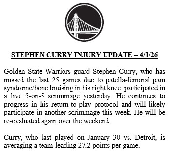 斯蒂芬·库里伤情更新–2026年4月1日金州勇士队后卫斯蒂芬·库里因右膝髌股