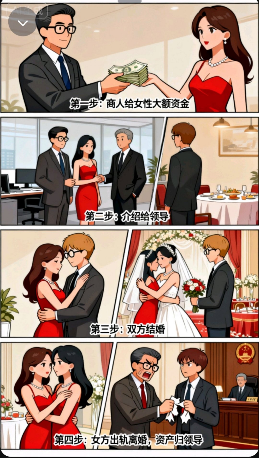 搞笑内涵图听到一个奇葩段子：商人想拉拢领导，就给某个女的一大笔钱，然后